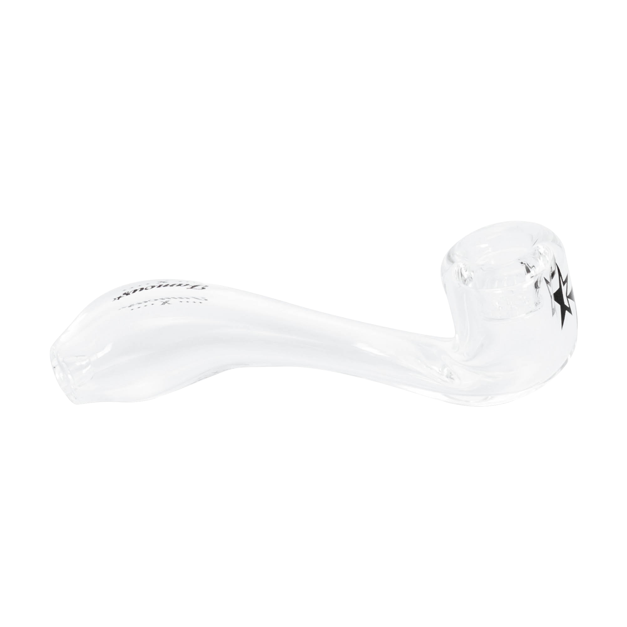 Angled close-up of the clear Famous X Sherlock Hand Pipe showing its curved stem and star decal near the bowl.