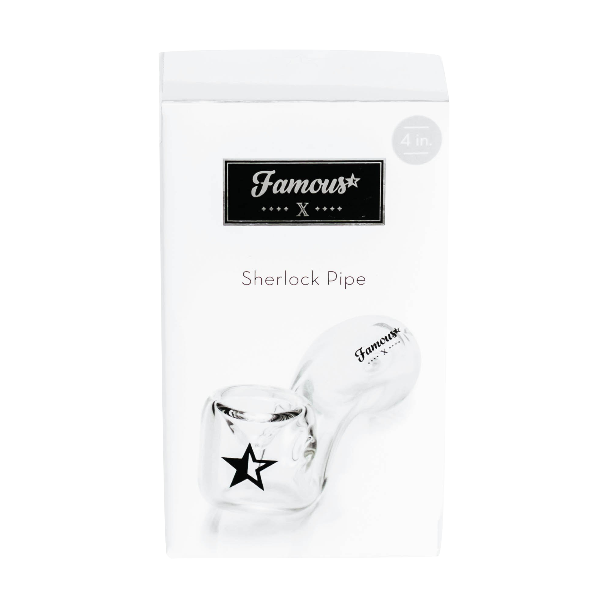 Close-up side view of the Famous X Sherlock Hand Pipe showing the clear glass bowl and black star logo against a white background