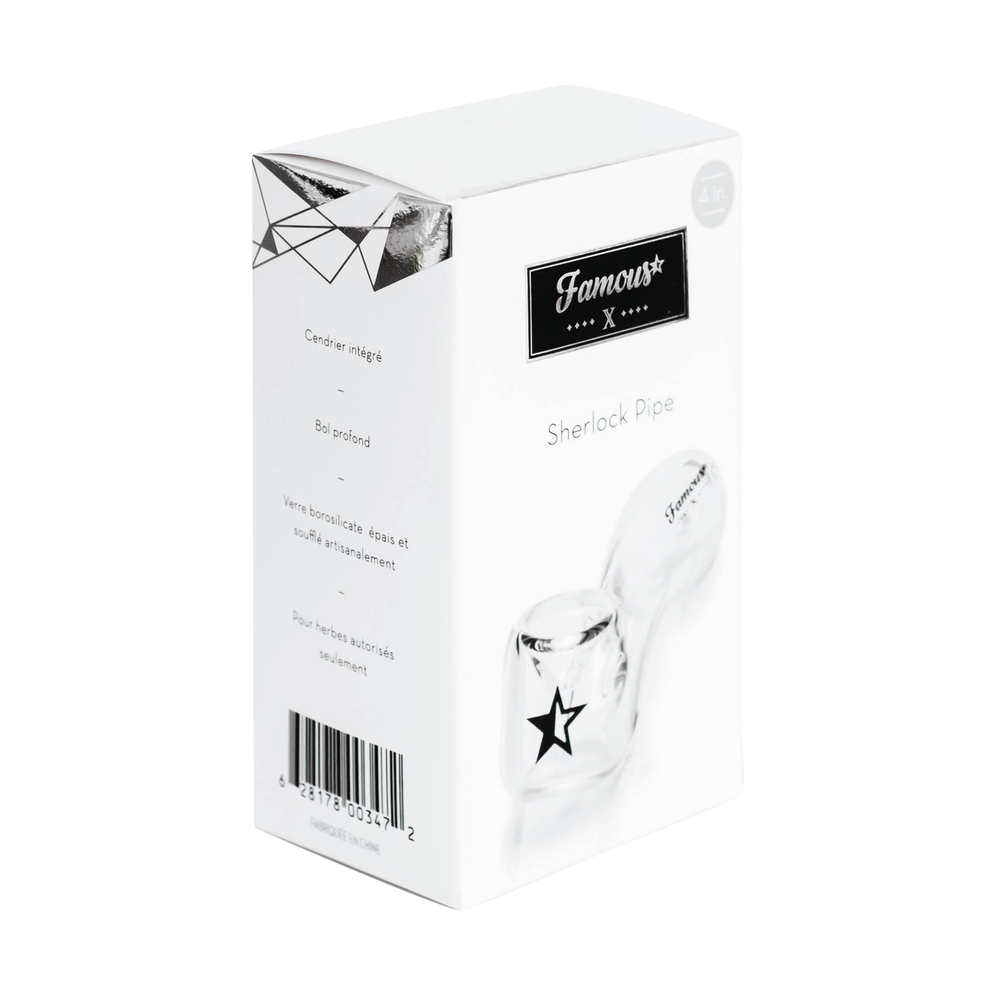 Angled close-up of the Famous X Sherlock Hand Pipe packaging showing a white box corner, black logo plaque, and partial glass pipe with a black star.