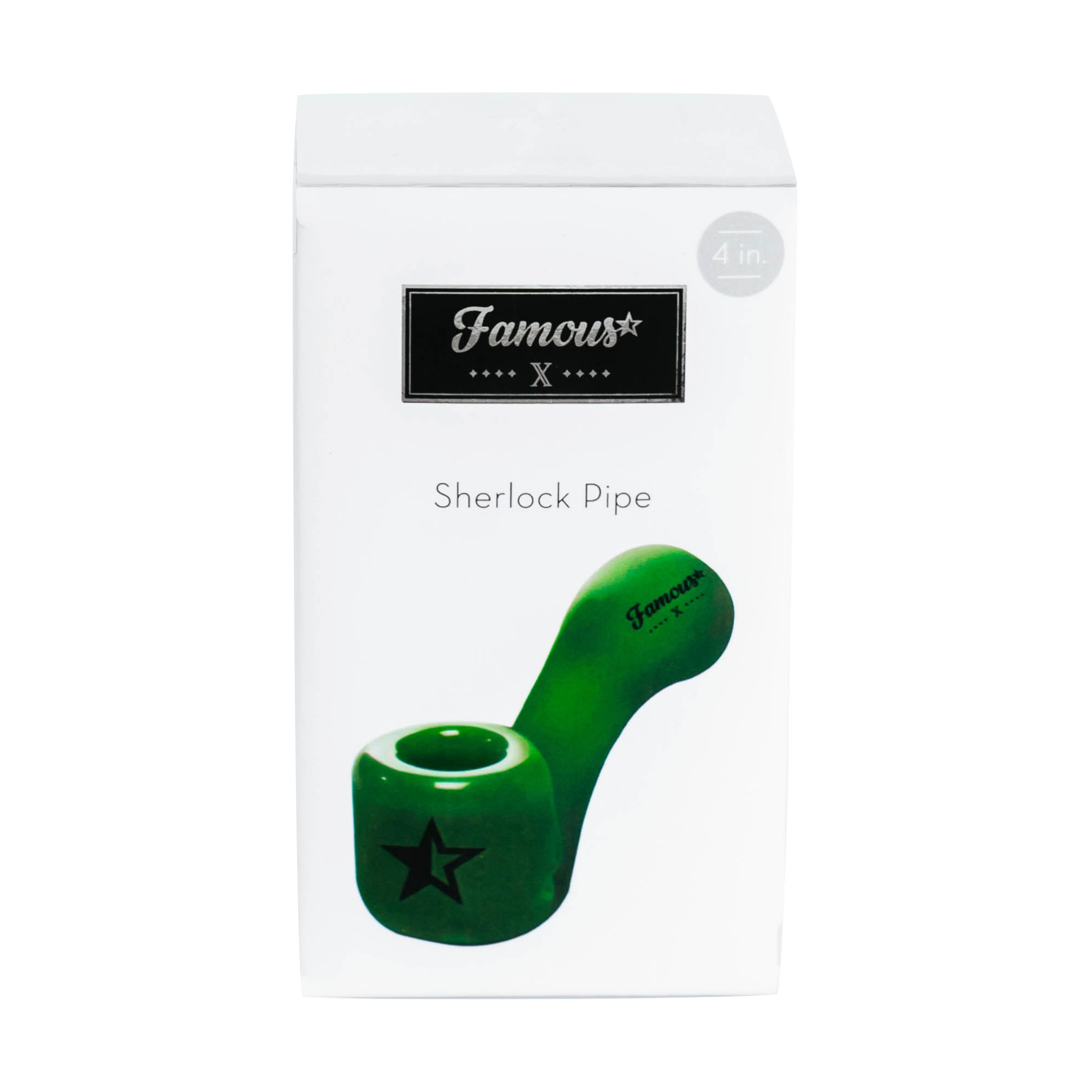 Diagonal close-up of a green Famous X Sherlock Hand Pipe against a white background showing its bowl and star logo.