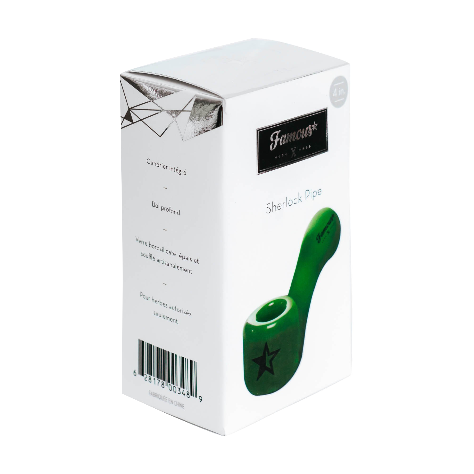 Angled close-up of the white box showing the Famous X Sherlock Hand Pipe logo and a partial green pipe image.