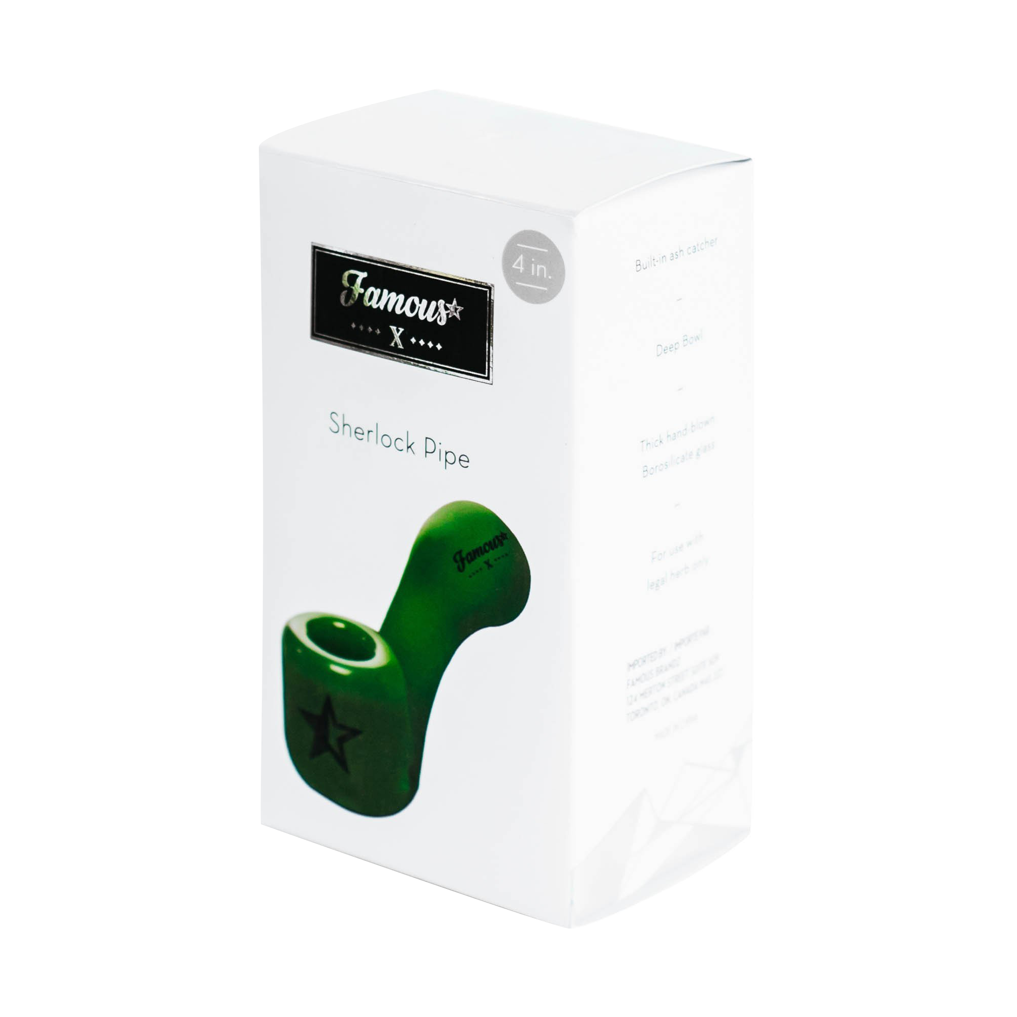 Angled close-up of the white box showing the logo and green glass shape of the Famous X Sherlock Hand Pipe.