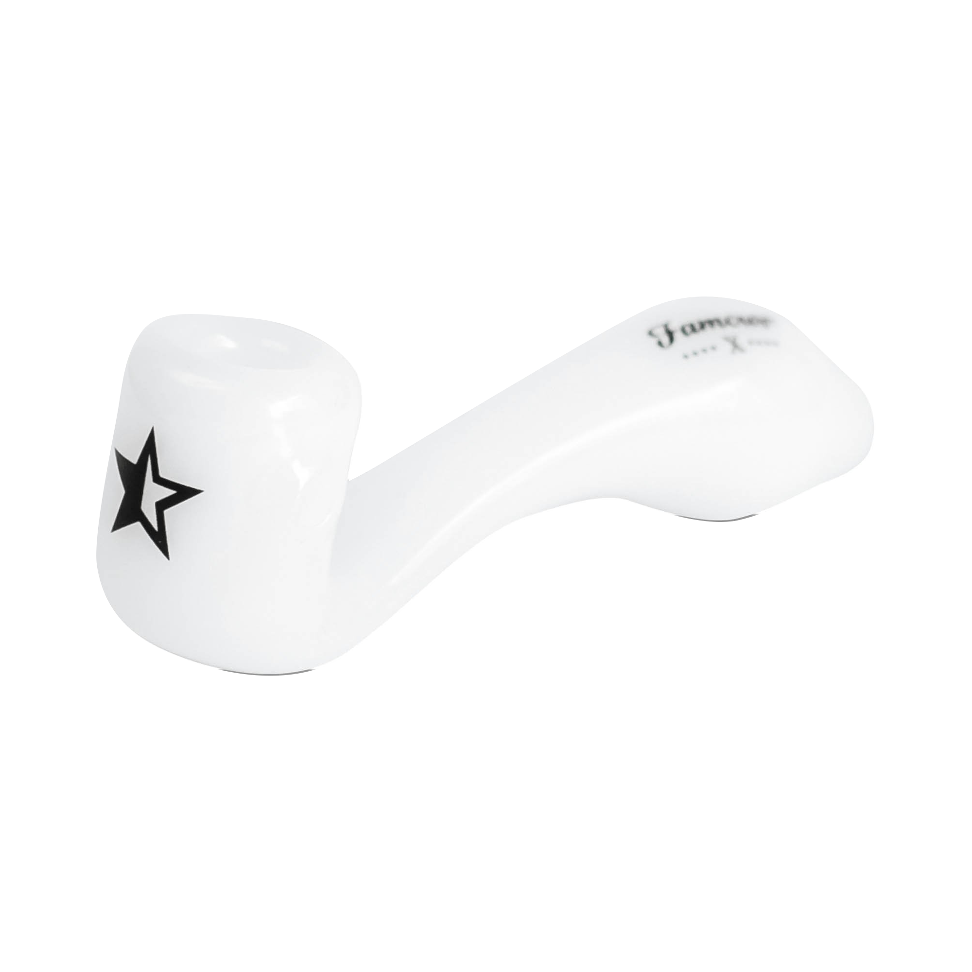 Angled close-up of the white Famous X Sherlock Hand Pipe showing its curved stem, black star decal, and partial logo on a white background