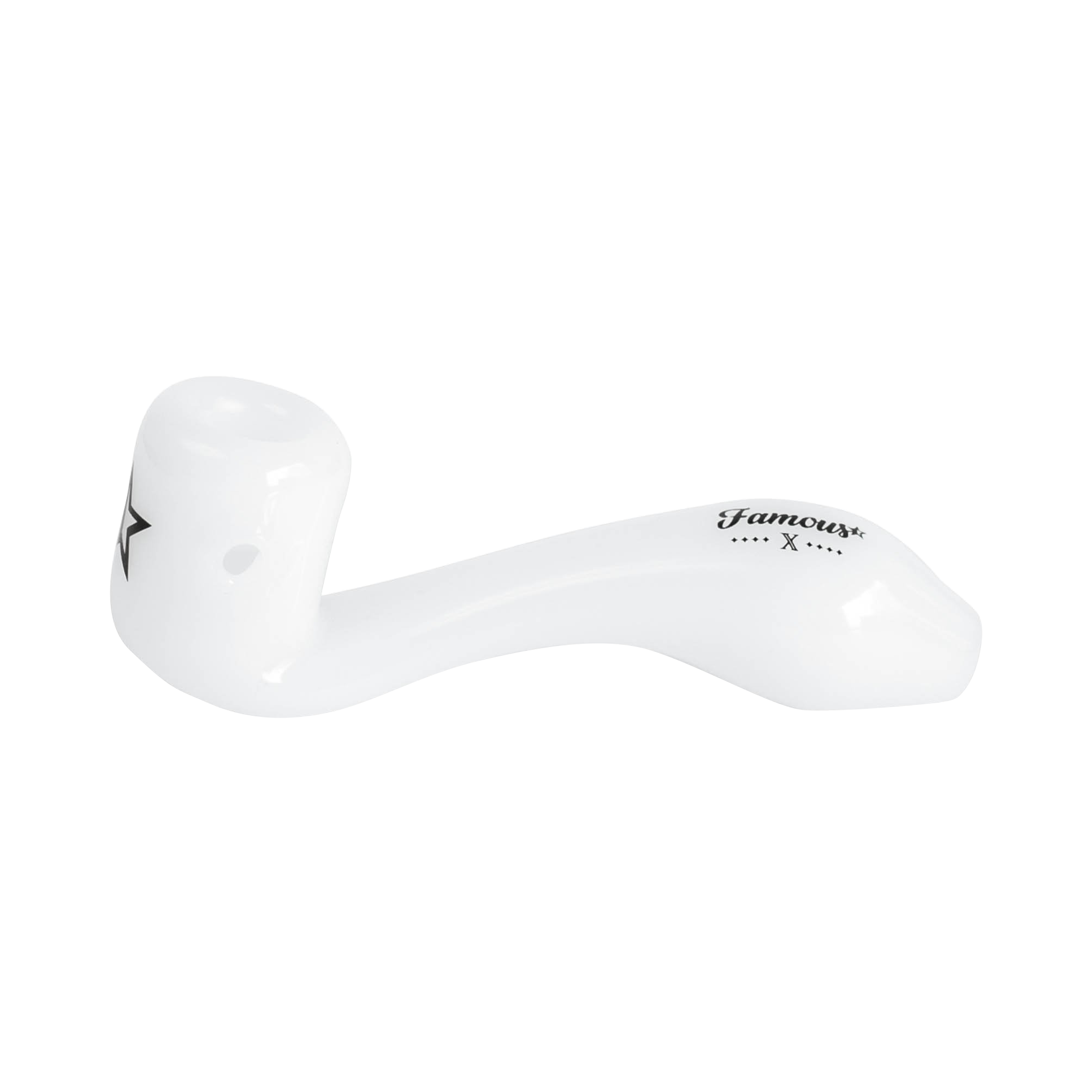 Angled close-up of the white Famous X Sherlock Hand Pipe showing its glossy curved bowl and printed logo.