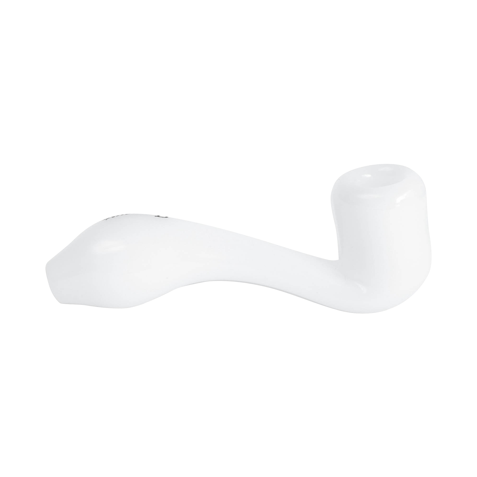 Close-up side view of the white Famous X Sherlock Hand Pipe showing its curved body and rounded mouthpiece against a white background