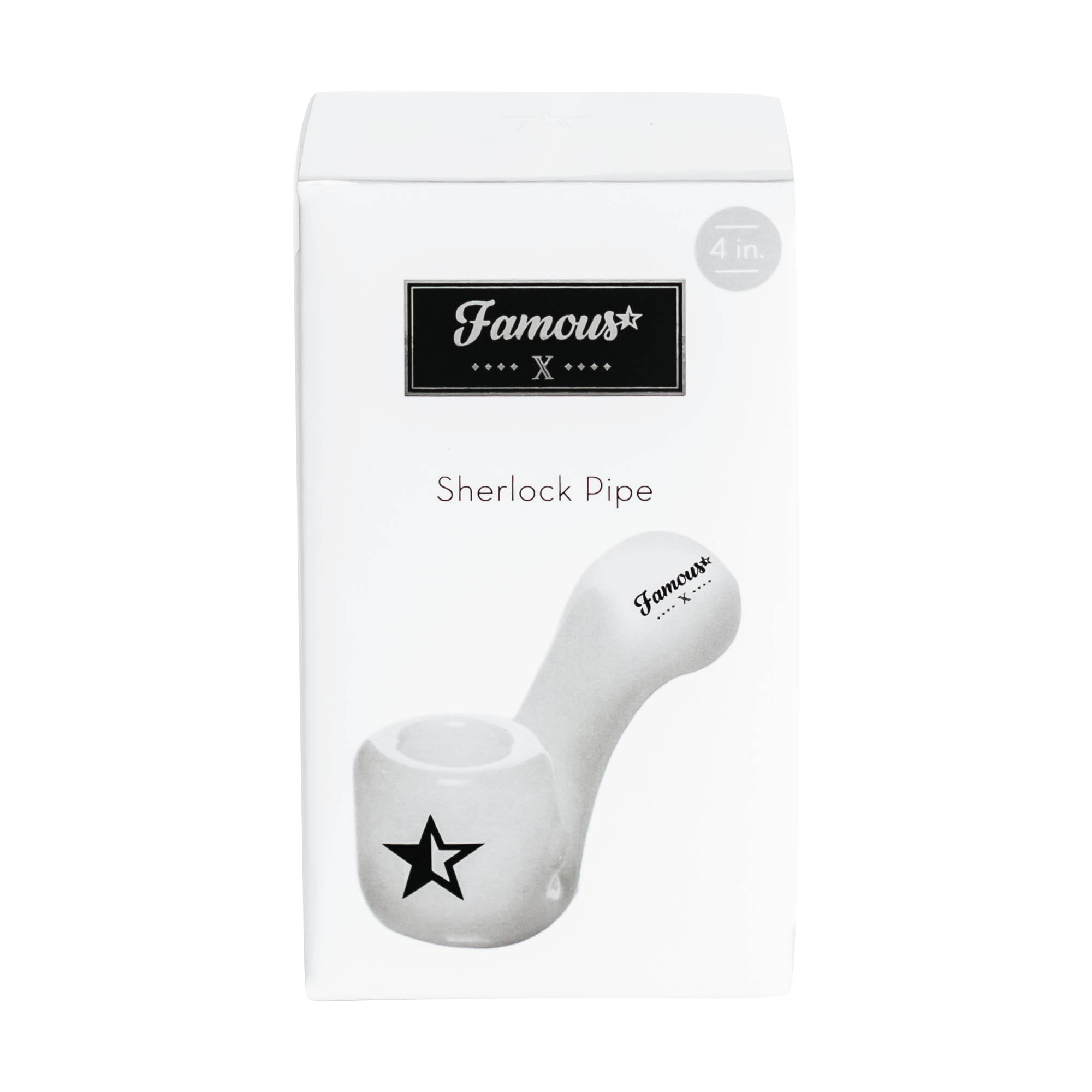 Angled close-up of the white Famous X Sherlock Hand Pipe showing its bowl, stem, and black star logo against a white background