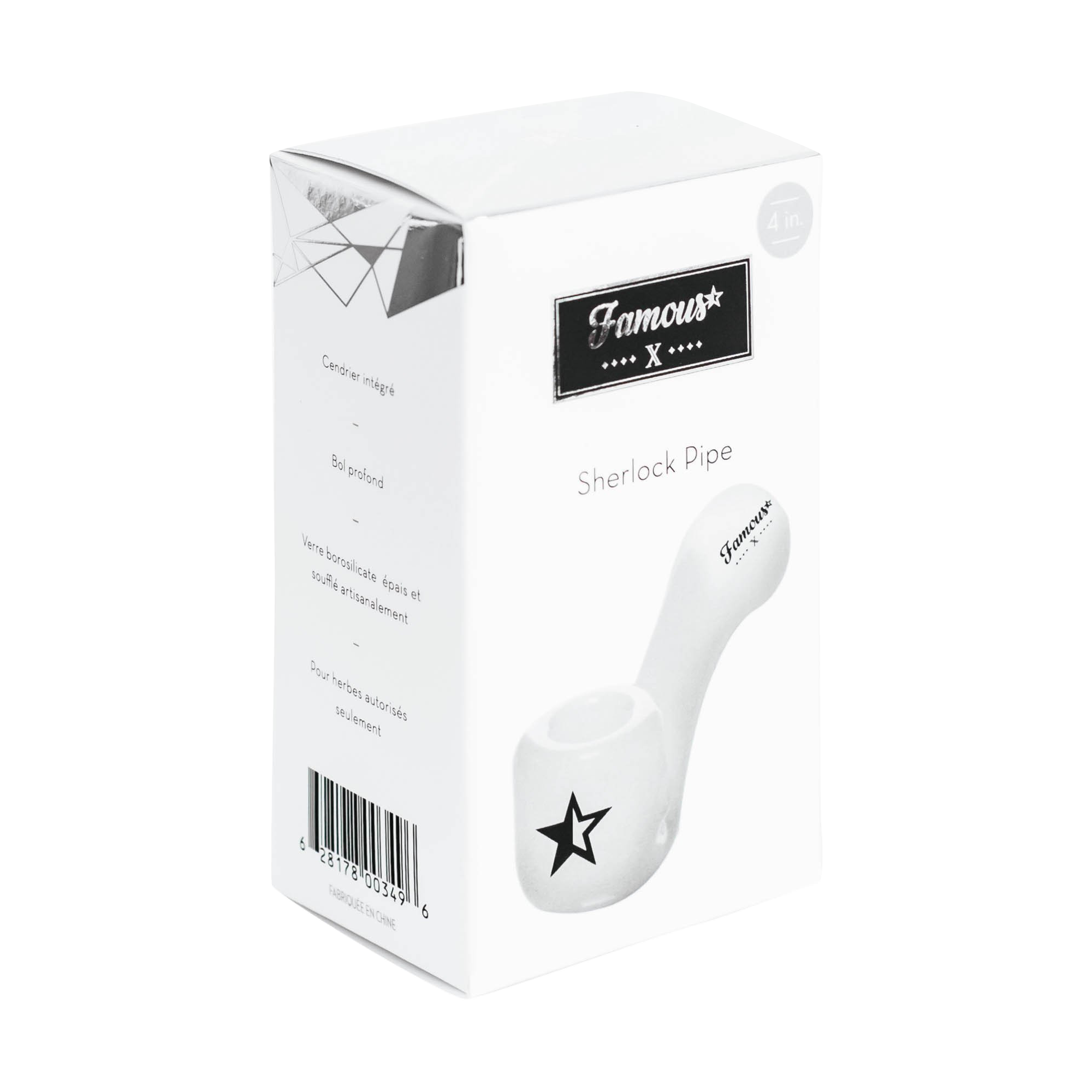 Angled close-up of the white box showing the Famous X Sherlock Hand Pipe logo and a partial image of the white pipe.