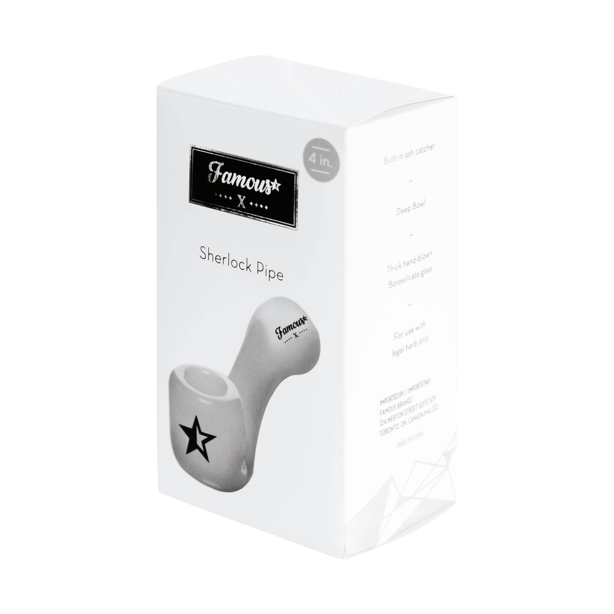 Angled close-up of the box showing the Famous X Sherlock Hand Pipe logo and a partial image of the pale pipe with a black star.