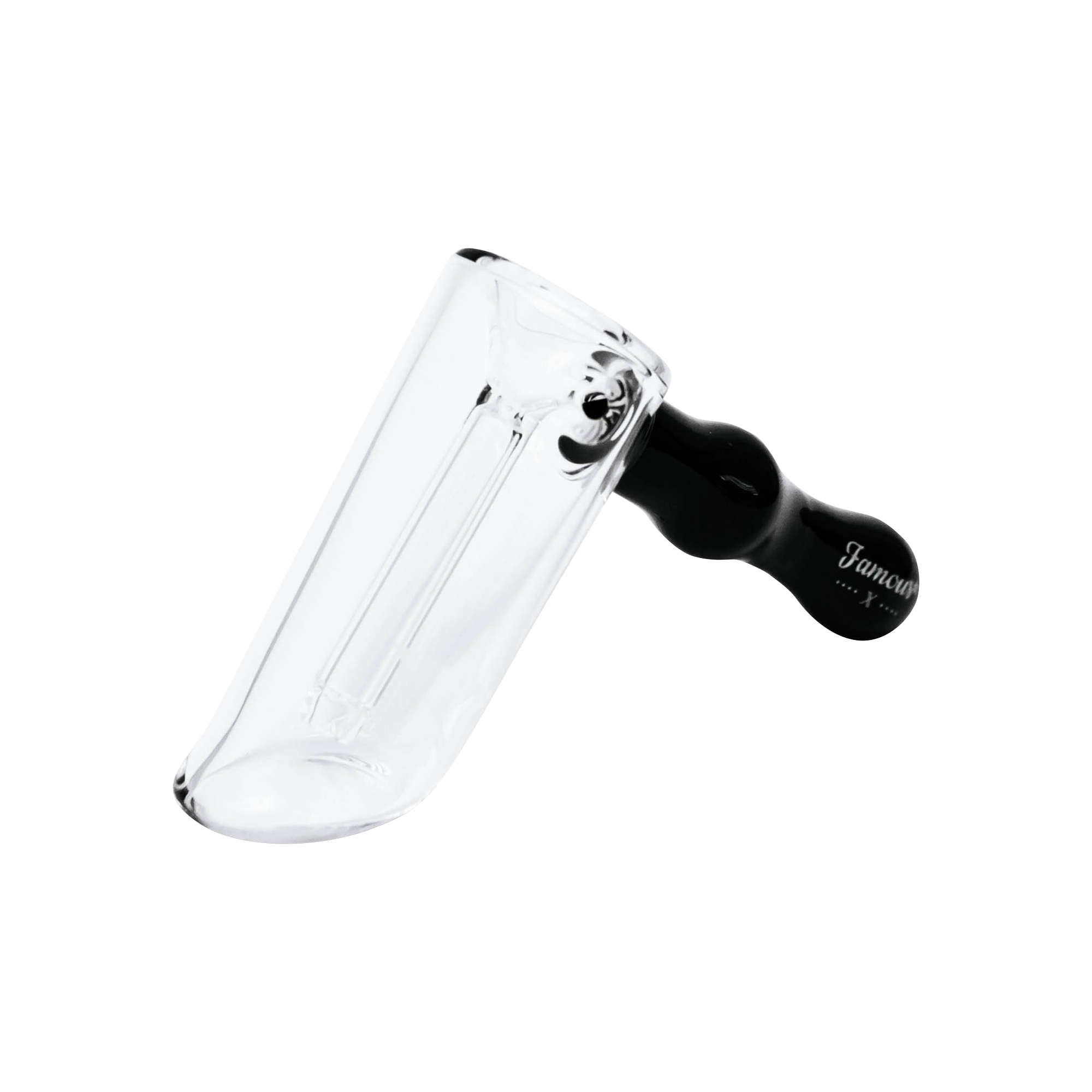 Angled close-up of the Famous X Straight Hammer Bubbler Pipe showing its clear glass chamber and black hammered handle against a white background