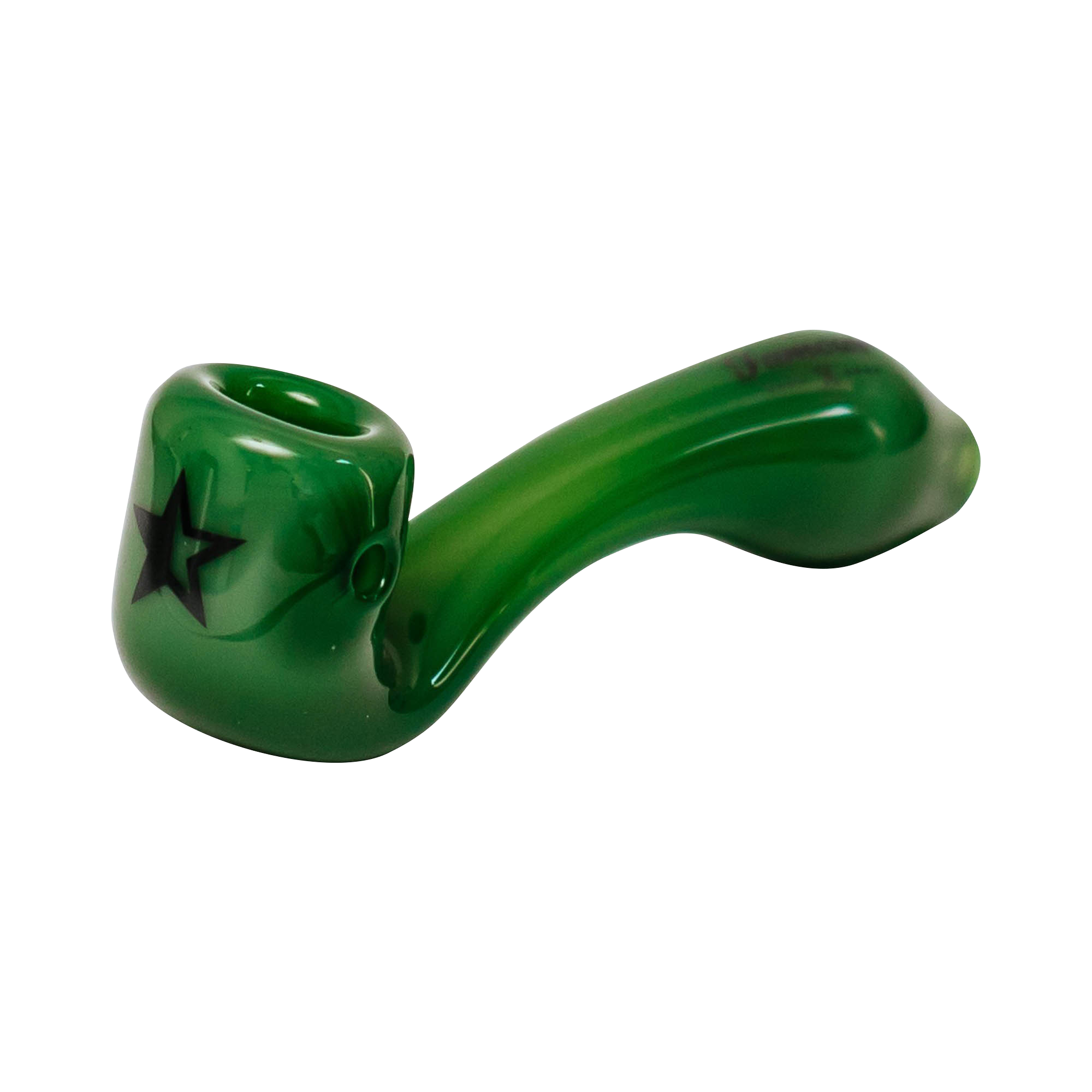 Close-up side view of the glossy green Famous X Sherlock Hand Pipe showing its curved stem and black star accent on the bowl.