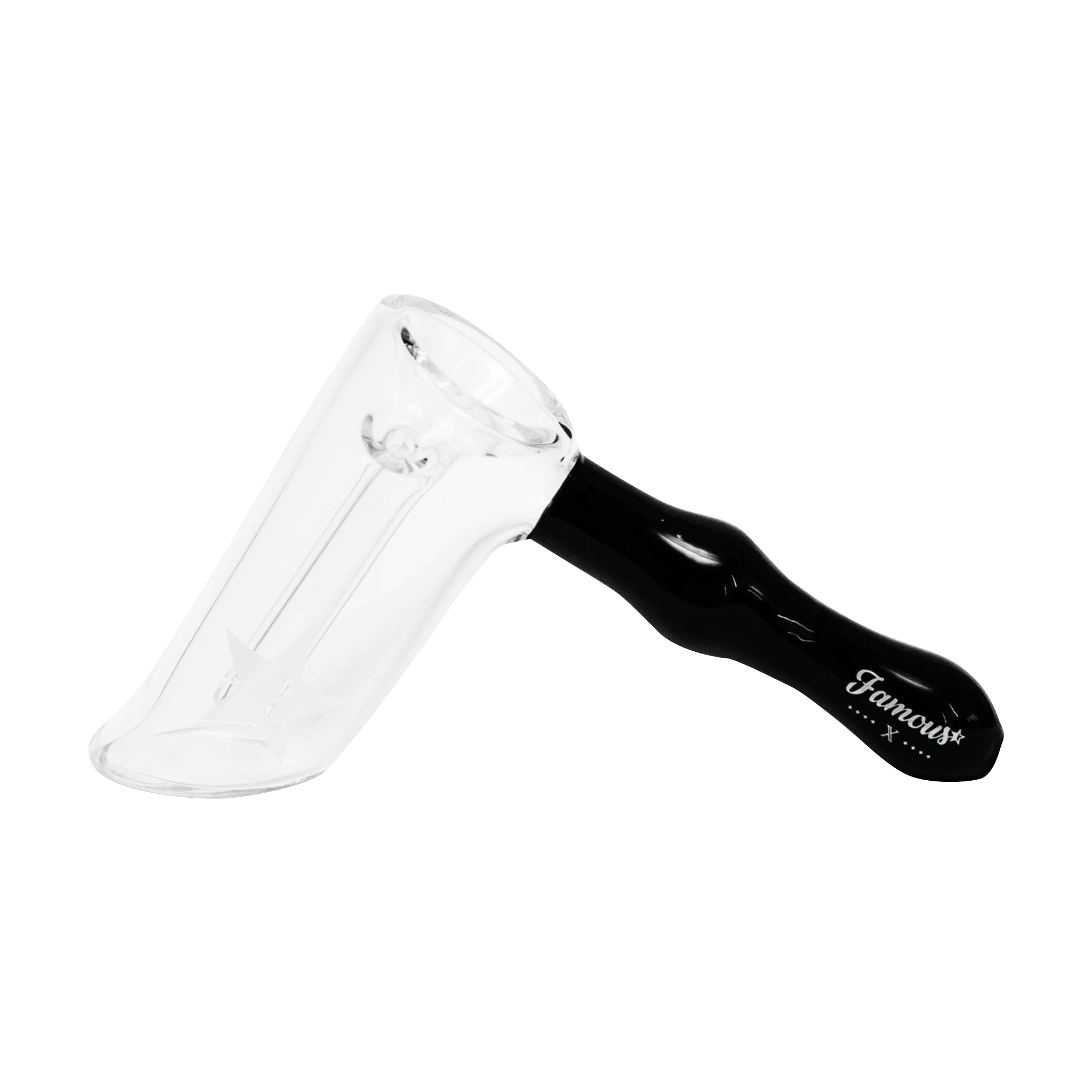 Angled close-up of the Famous X Straight Hammer Bubbler Pipe showing a clear glass bowl joined to a glossy black handle with the Famous X logo.