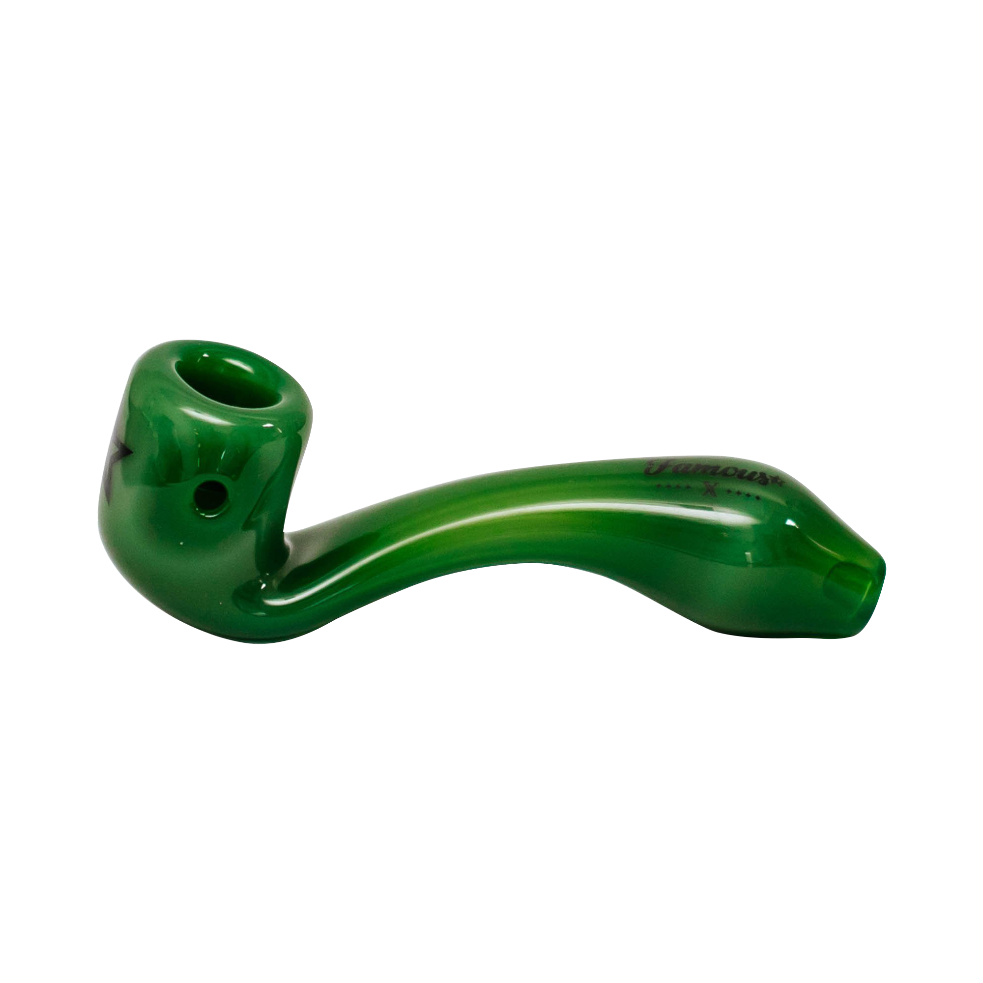 Close-up side view of the green Famous X Sherlock Hand Pipe showing the rounded bowl and curved stem.