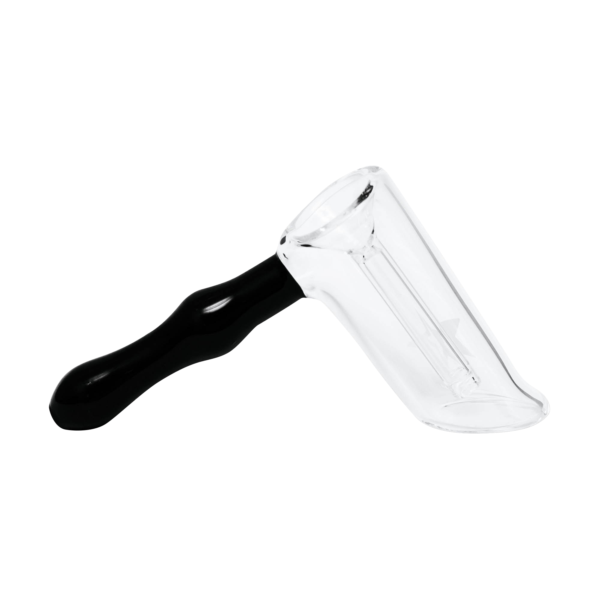 Close-up angled view of the Famous X Straight Hammer Bubbler Pipe showing its clear glass chamber and glossy black handle.