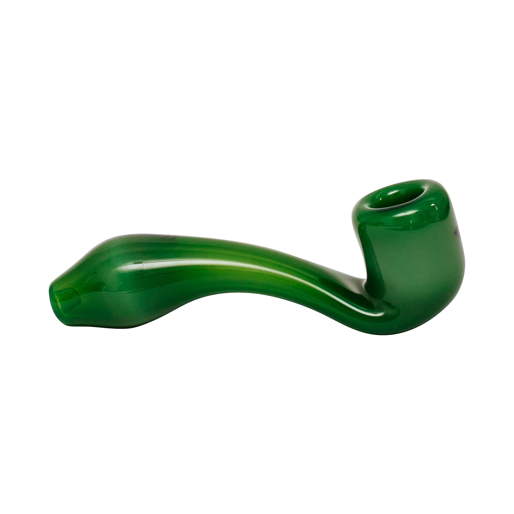 Close-up side view of the glossy green Famous X Sherlock Hand Pipe showing its curved stem and rounded bowl.