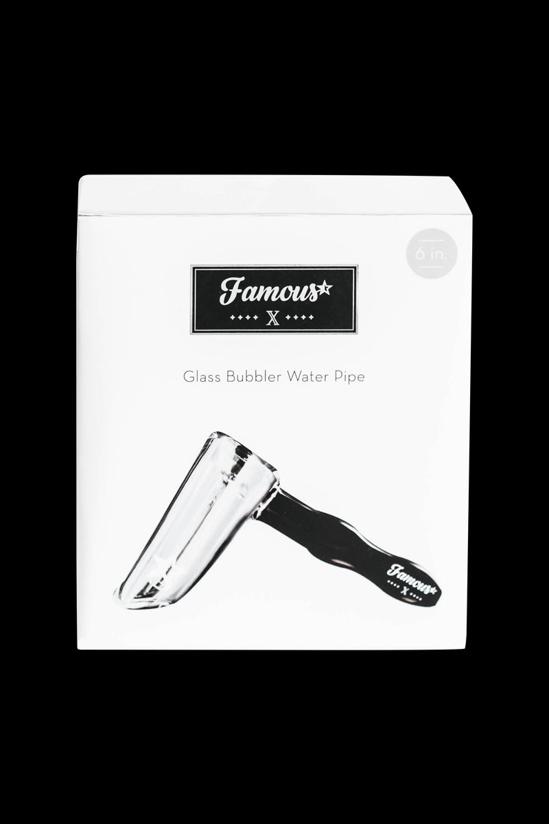 Box-front view of the Famous X Straight Hammer Bubbler Pipe showing its angled clear glass bowl and black handle on white.