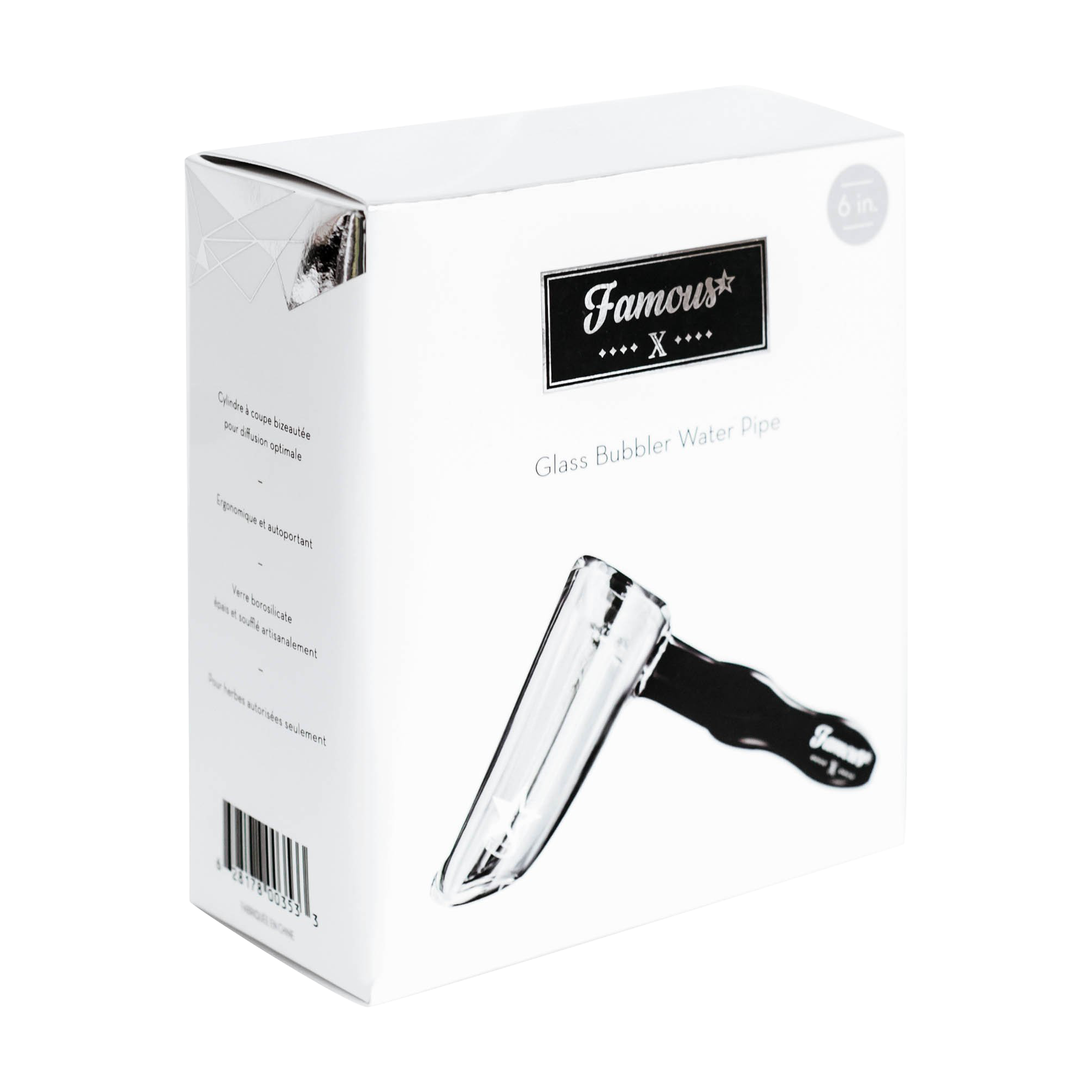 Angled close-up of the white box showing the Famous X Straight Hammer Bubbler Pipe logo and a partial glass pipe image.