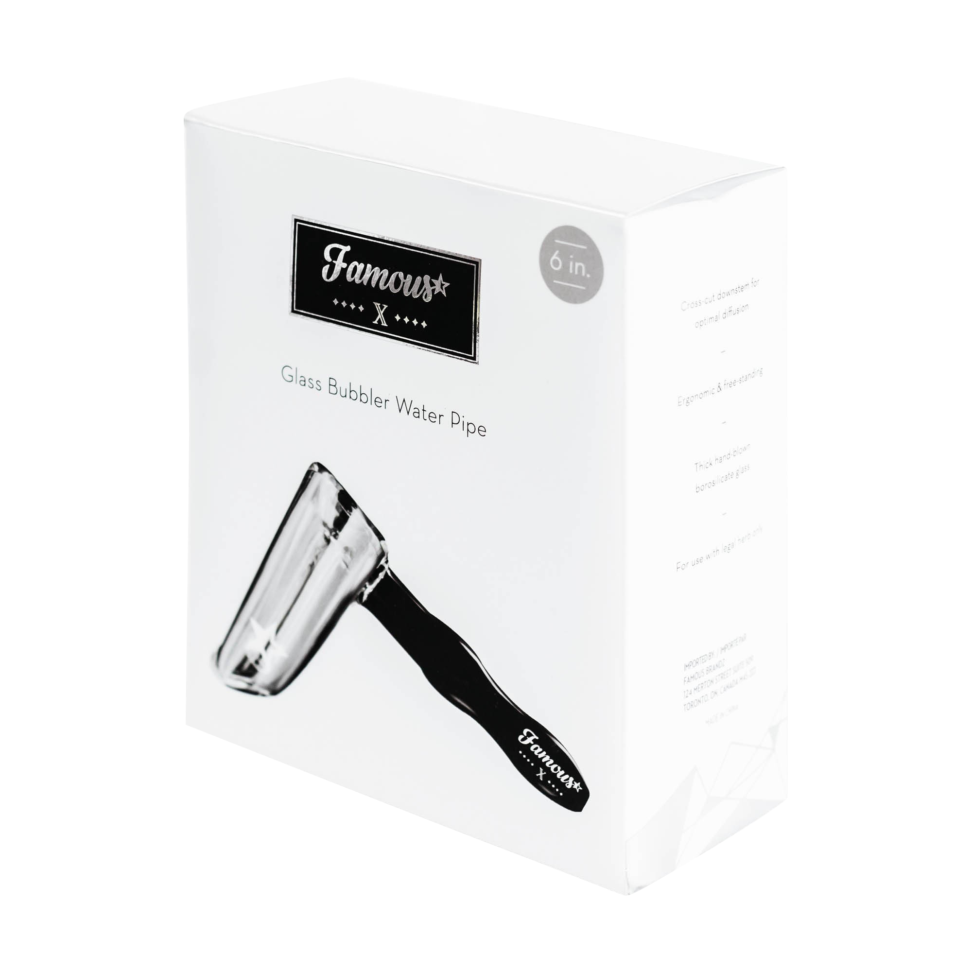 Angled close-up of the Famous X Straight Hammer Bubbler Pipe box showing the black logo plate and partial glass pipe image.
