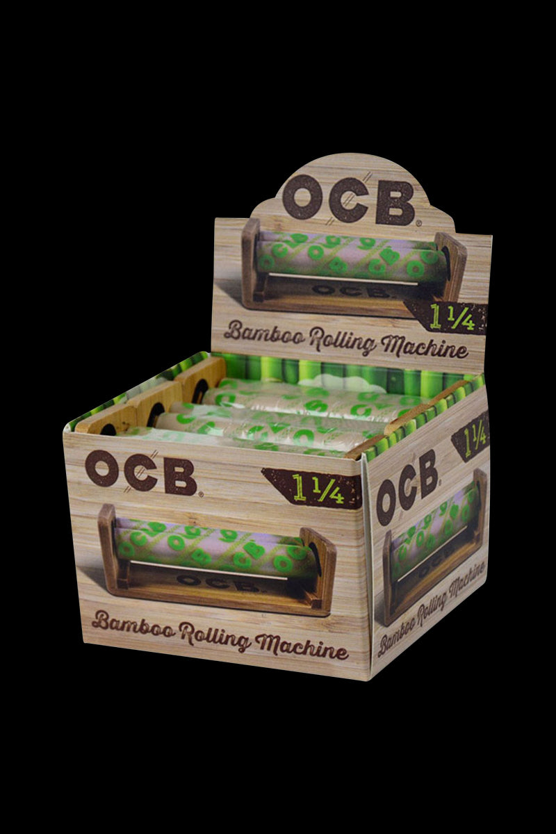 Front view of the OCB 1 1/4" Bamboo Roller six-pack, displaying the branded cardboard packaging with a slight upward angle.