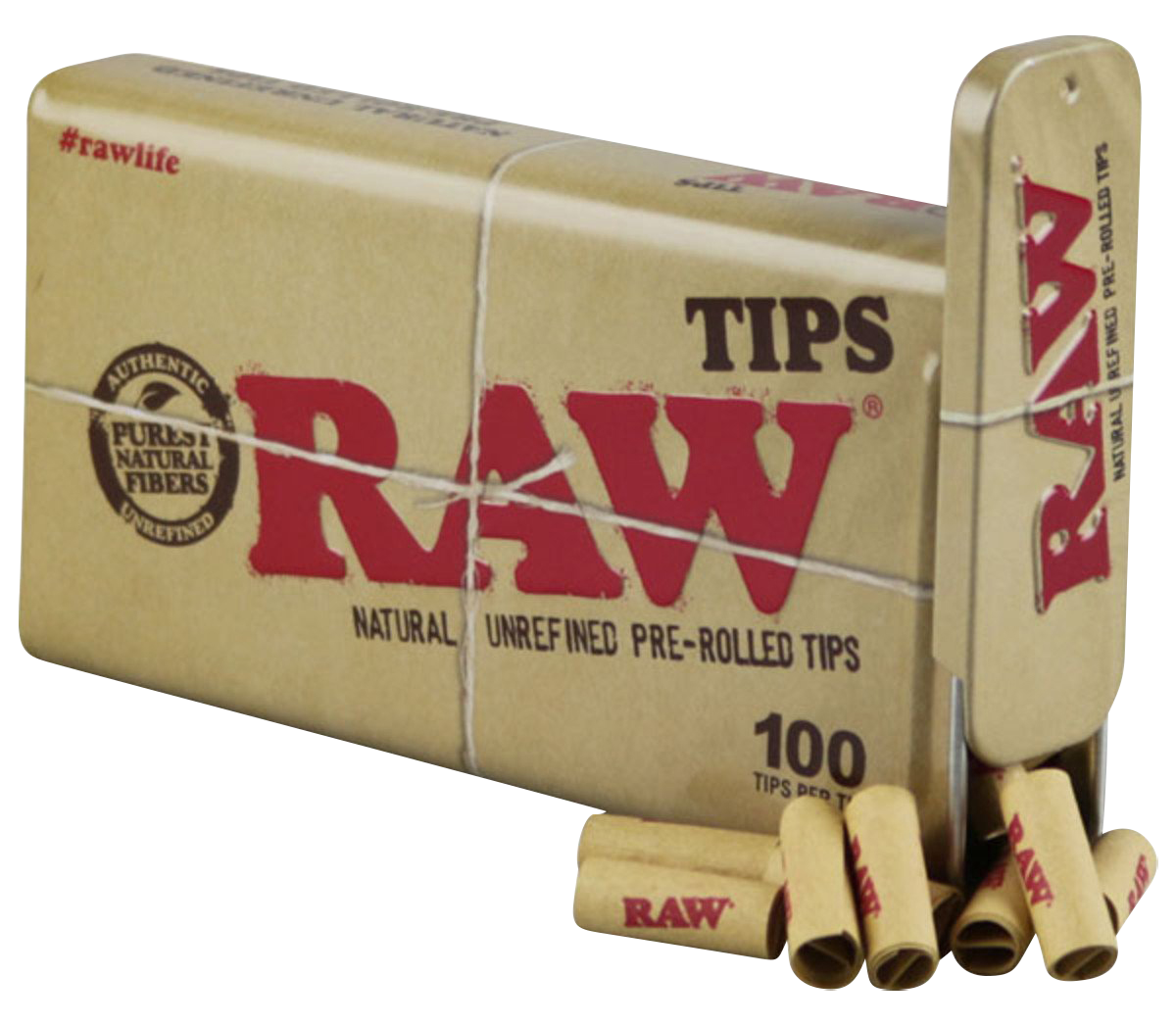 A close-up, angled shot of a stack of RAW Pre-Rolled Tips, featuring the branded packaging in the background.