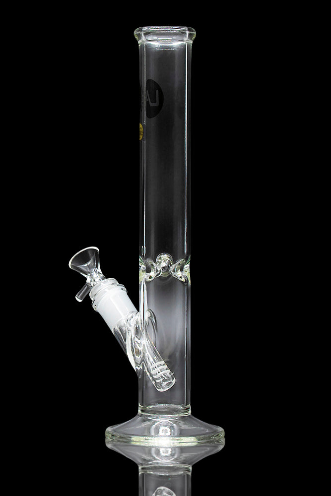 Clear glass bong with ice catcher and removable downstem, isolated on a black background.