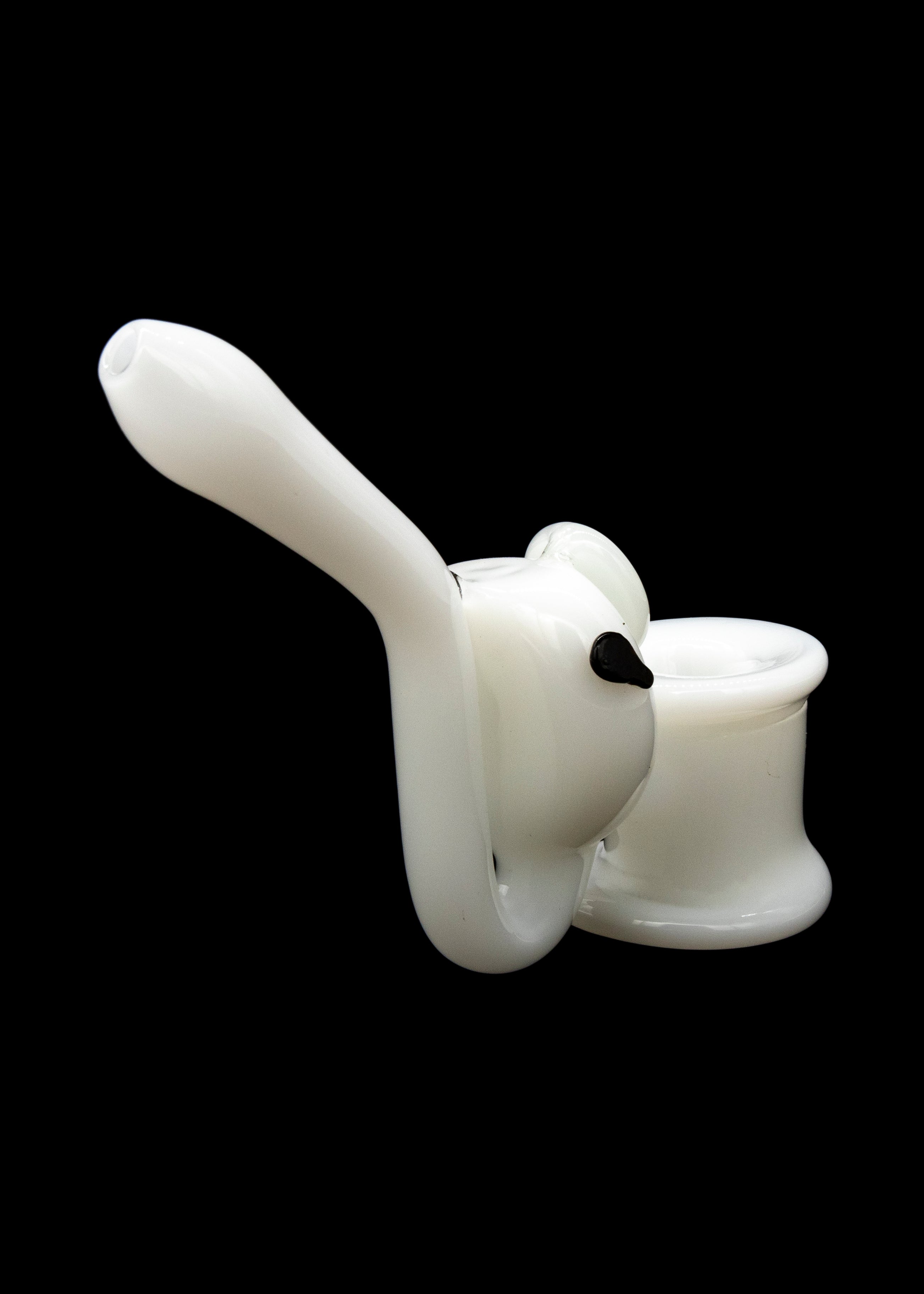White glass bubbler pipe for smoking cannabis, studio shot on a black background.