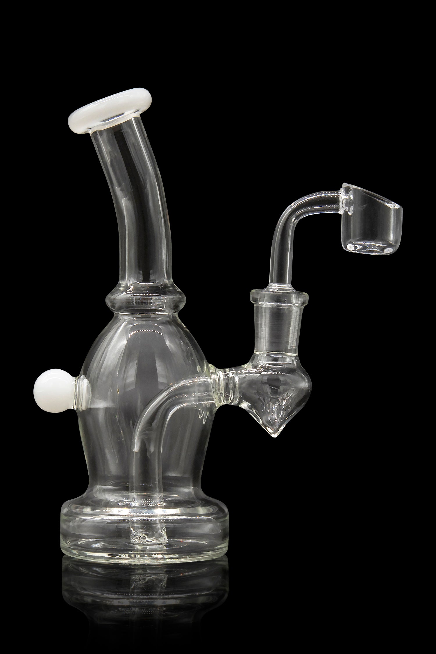 Clear glass dab rig with a quartz banger, studio shot on a black reflective surface.