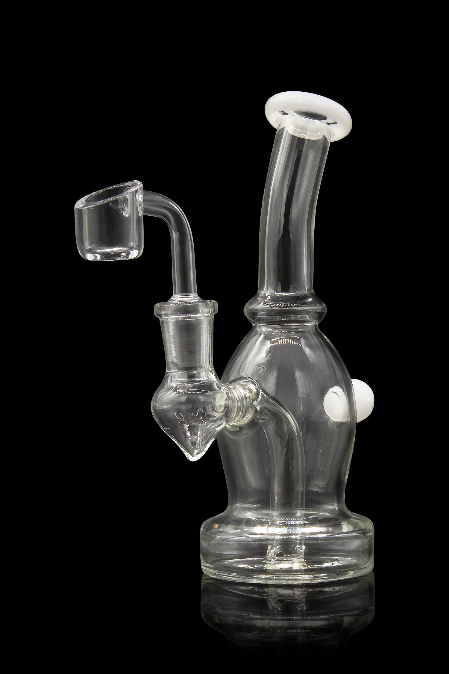 Clear glass dab rig with a quartz banger, illuminated against a black background.