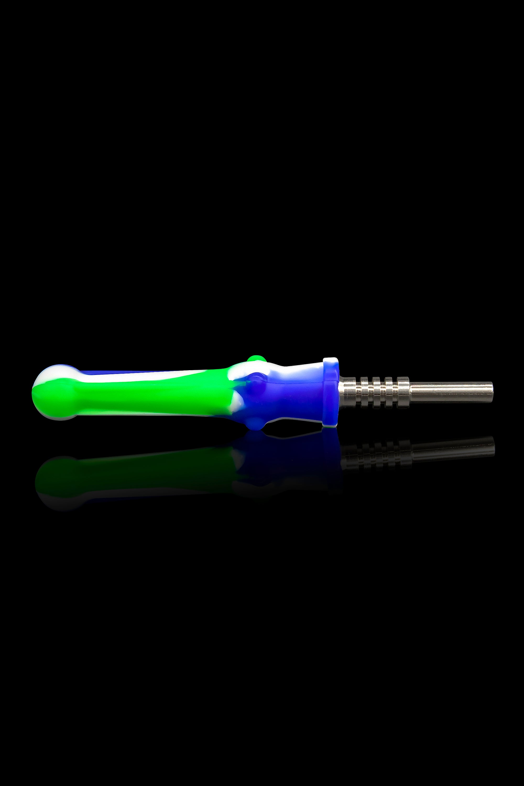 Colorful silicone dab tool with a titanium tip, isolated on black.