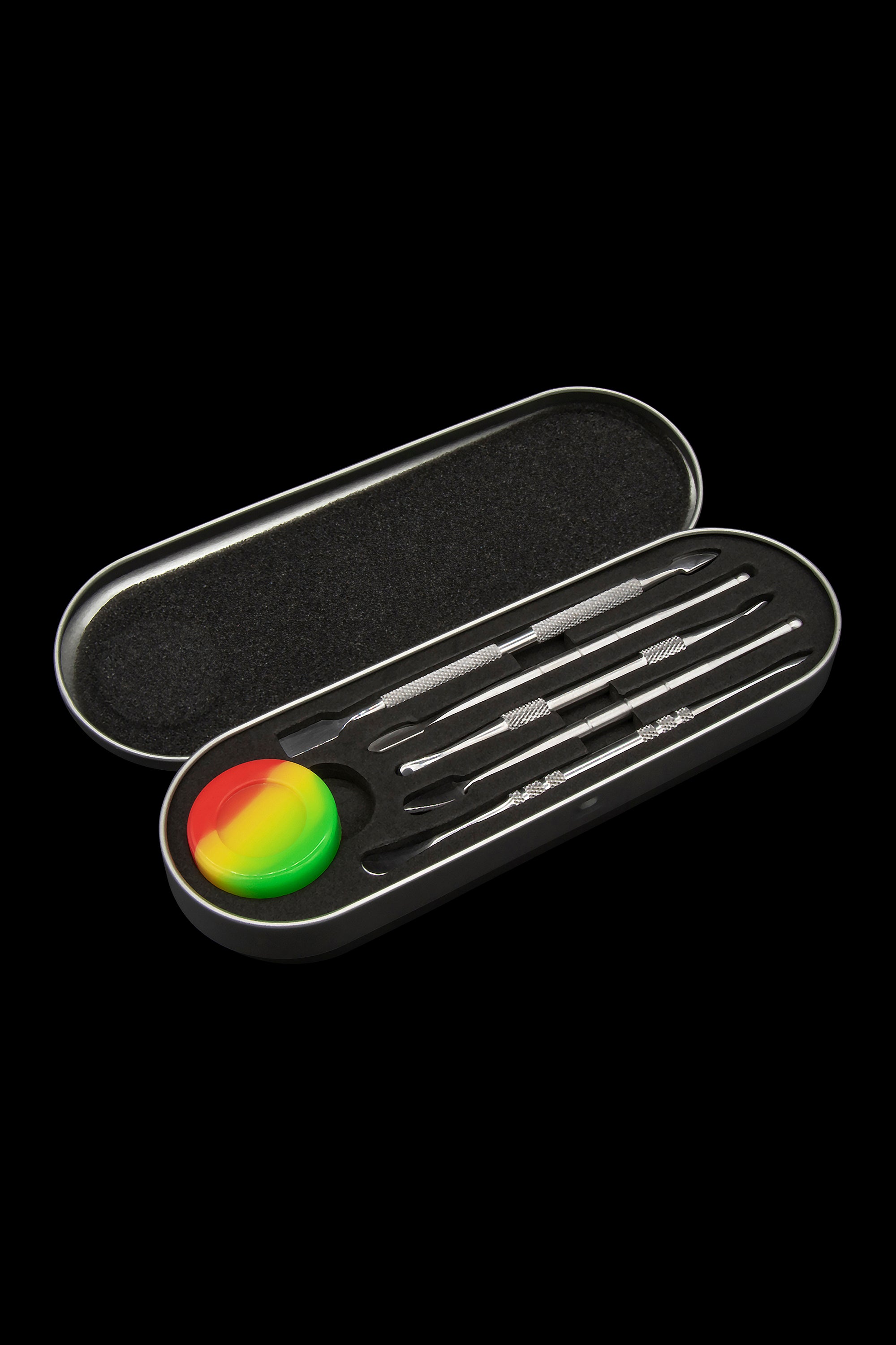 Cannabis dab tool kit with stainless steel applicators and a colorful silicone container, displayed in an open black case.
