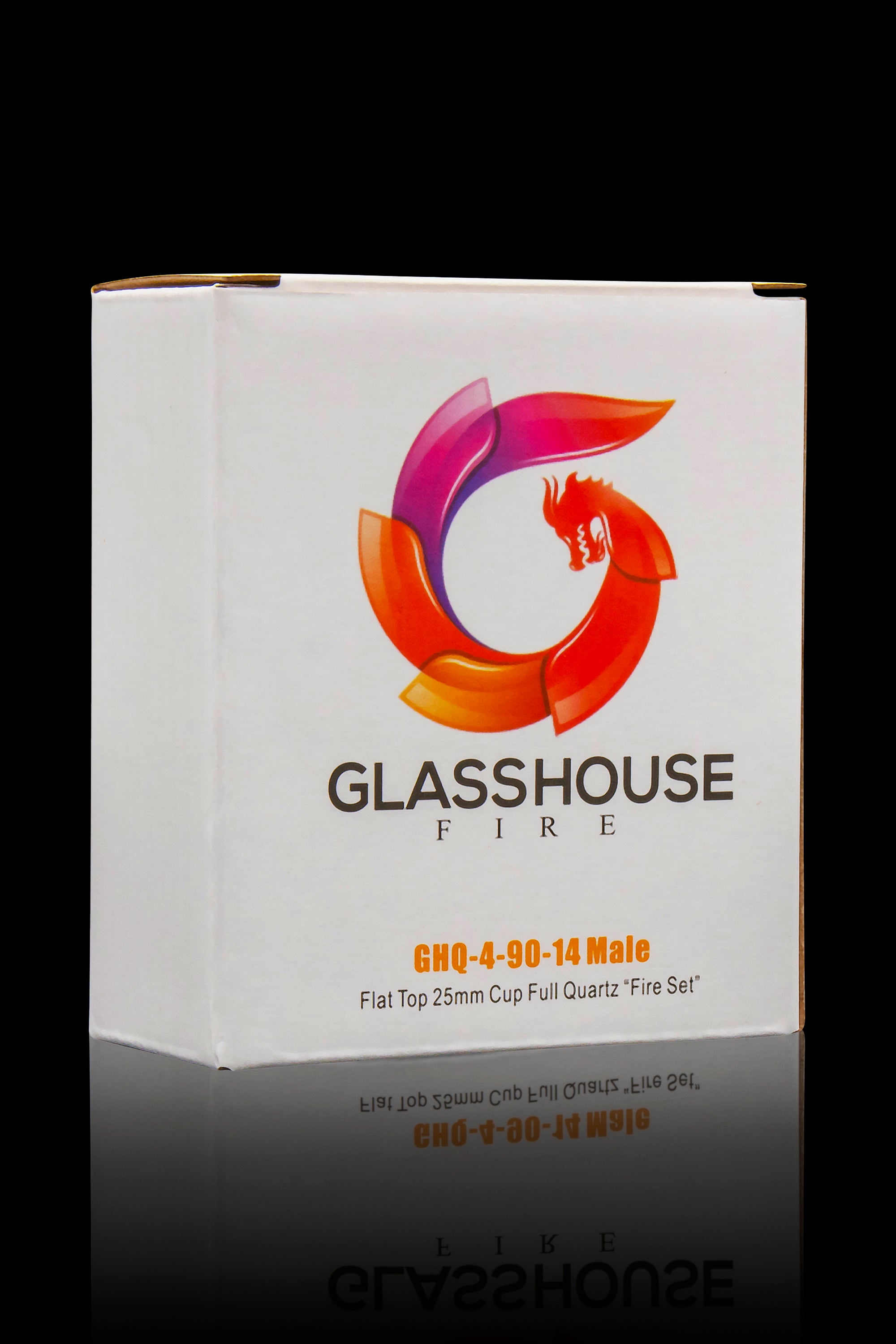Product packaging for Glasshouse Fire quartz cannabis accessory, featuring a stylized flame design and product details."