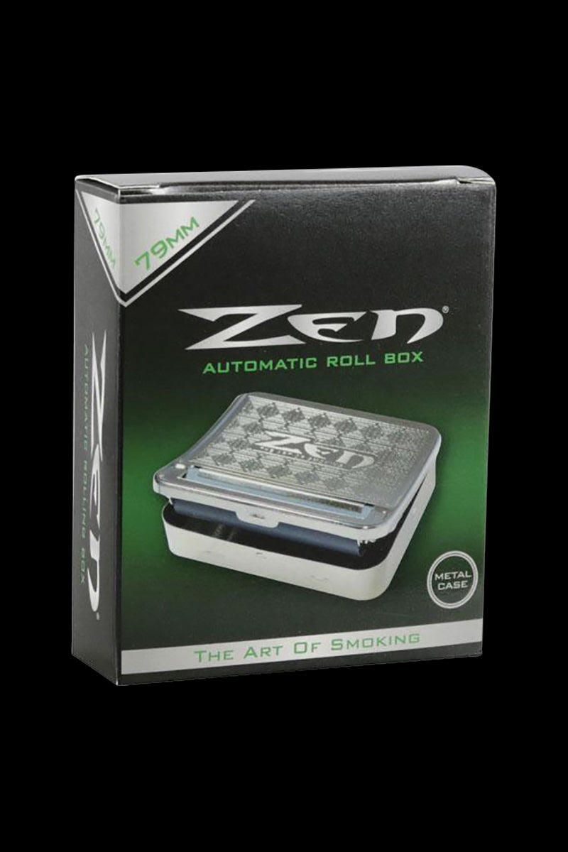 Three-quarter view of the Zen Metal Auto-Roll Box packaging showing the silver patterned metal case image against a green-black background.