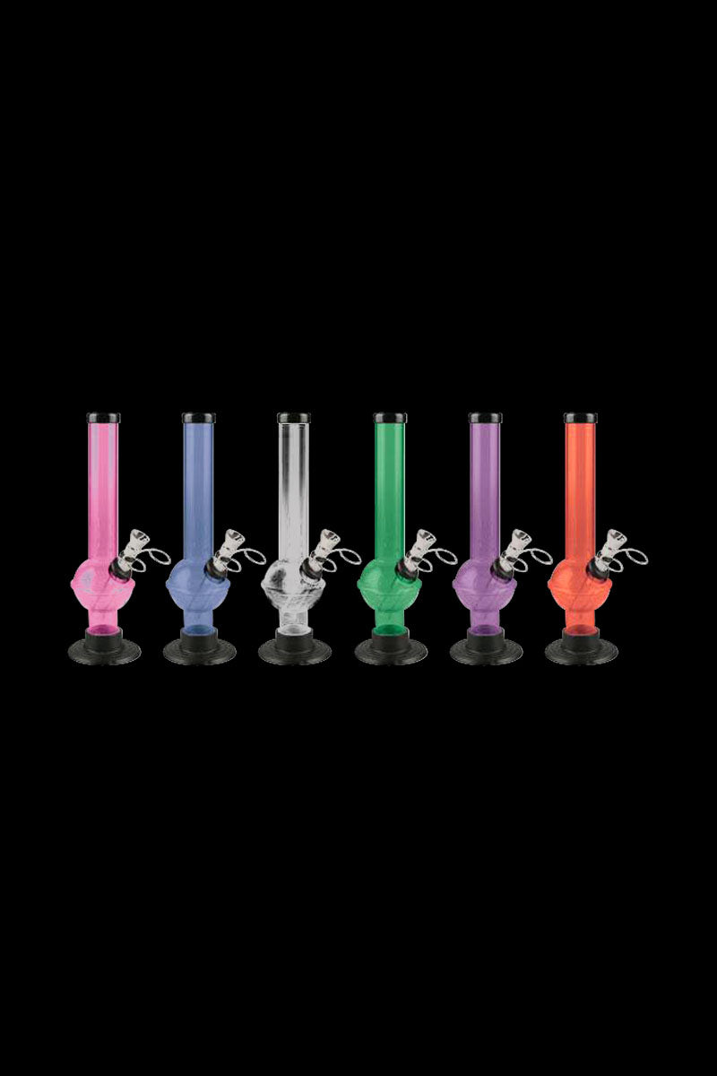 Front view of the Acrylic UFO Water Pipe, showcasing a row of colorful, transparent pipes against a black backdrop.