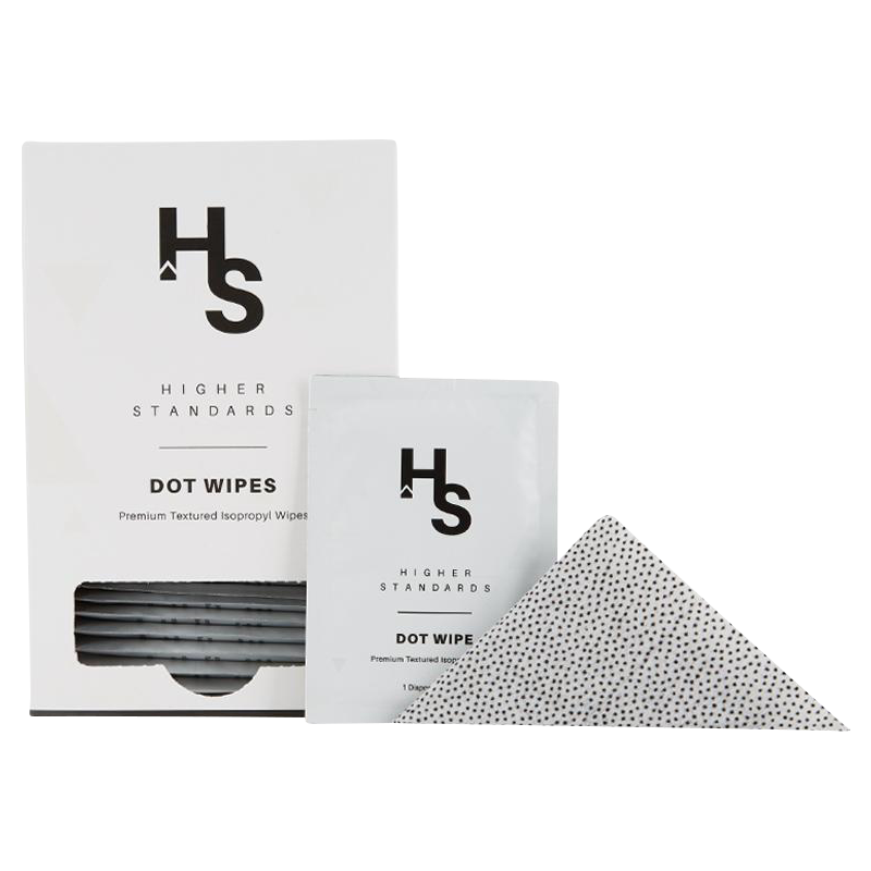 Front-facing boxed Higher Standards Dot Wipes - Box of 30 with a single sachet propped in front and a textured dotted wipe partially unfolded.