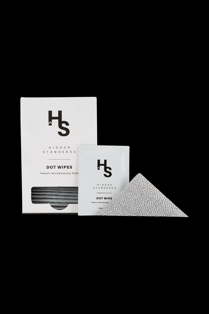 Front-facing product shot of Higher Standards Dot Wipes - Box of 30 with box, single sachet, and a folded dotted wipe on a black background.