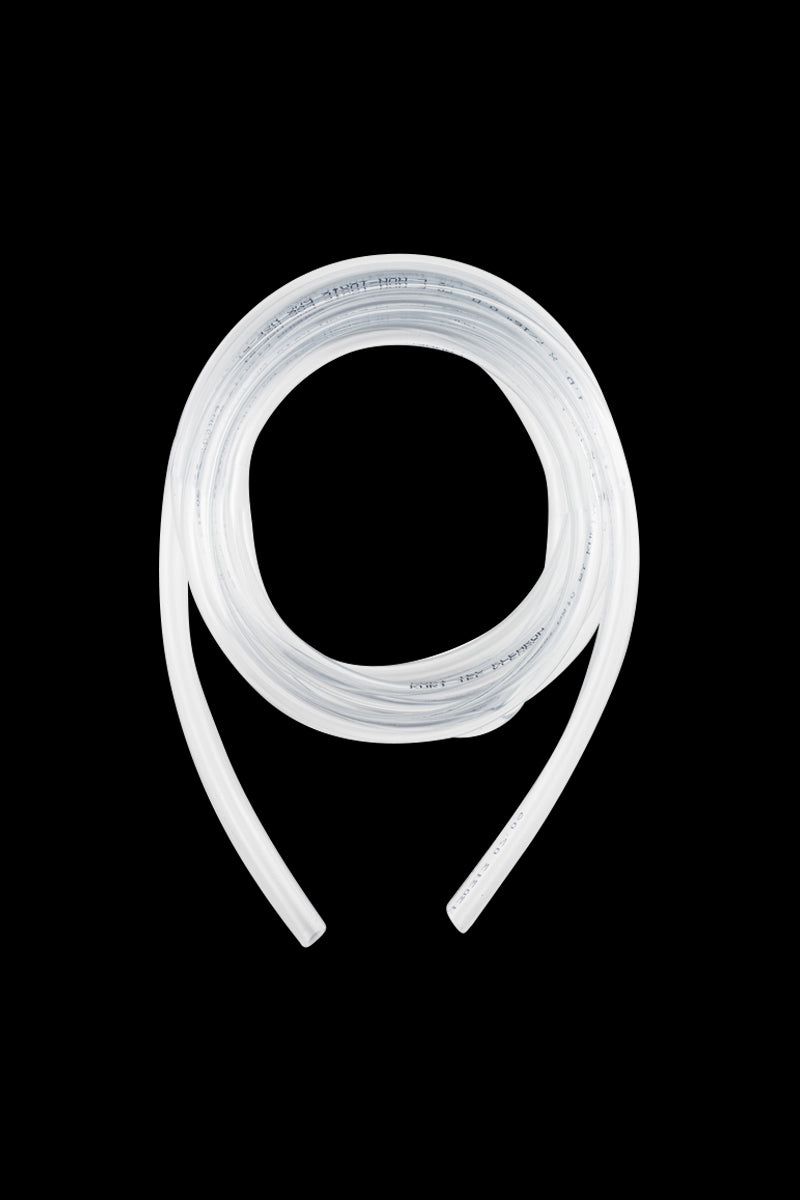 The Arizer Extreme Q 9' Whip Tubing is shown coiled against a black background, highlighting its flexible, translucent form.
