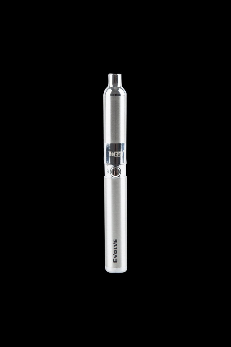 Centered front view of the Yocan Evolve Vaporizer in metallic silver against a black background.