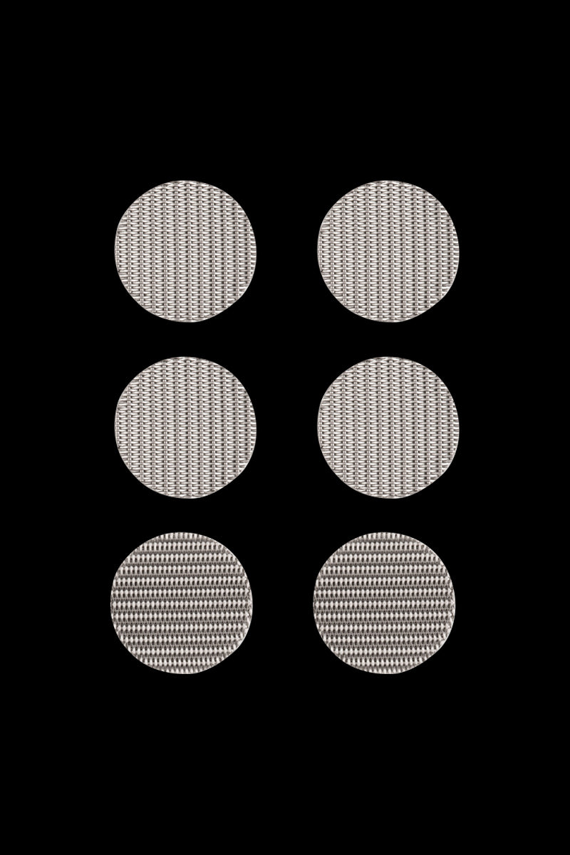 Close-up of the Storz & Bickel Mighty Vaporizer Screen Set, displaying a collection of small, metallic mesh screens against a plain white background.