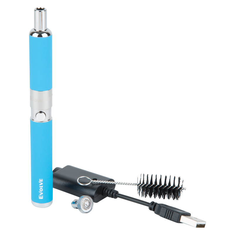 Vertical studio shot of a blue Yocan Evolve-D Dry Herb Vaporizer Pen standing beside its USB charger, cleaning brush, and mouthpiece on a white background.