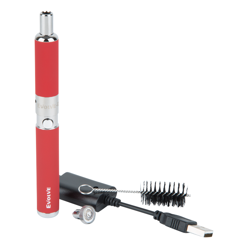 Vertical front view of a red Yocan Evolve-D Dry Herb Vaporizer Pen standing beside its black USB charger and cleaning brush.