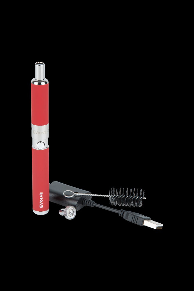 Standing upright on a black background, the Apple Green Yocan Evolve-D Dry Herb Vaporizer Pen appears with its USB charger, metal mouthpiece and cleaning brush arranged at its base.