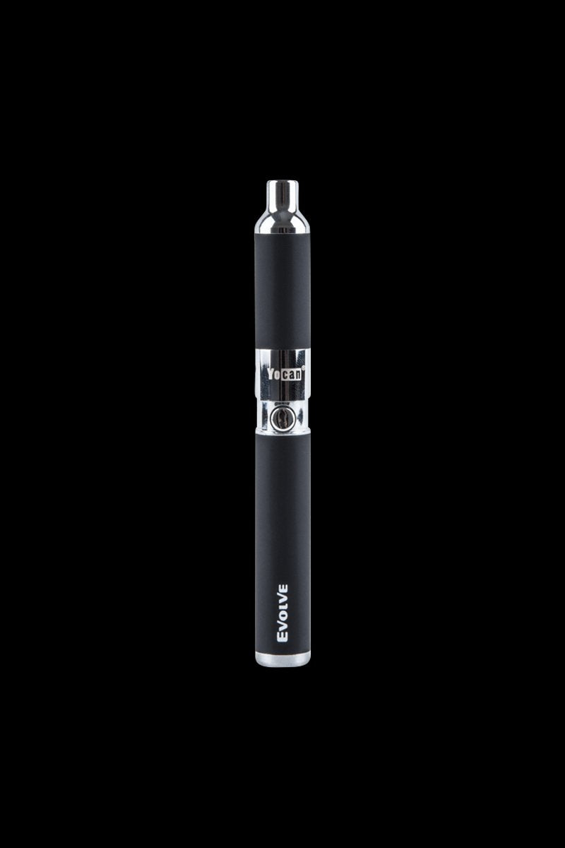 Centered vertical studio shot of a black Yocan Evolve Vaporizer with chrome accents against a solid black background.