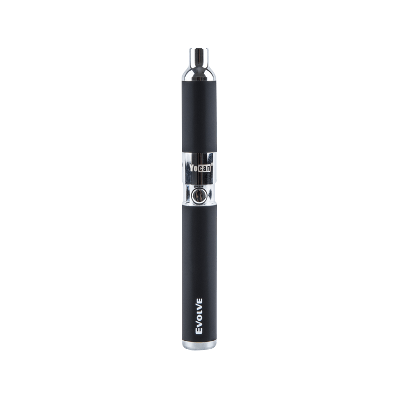 Centered front view of a silver Yocan Evolve Vaporizer standing upright on a white background, showing its chrome mouthpiece, clear midsection with logo, and matte body.