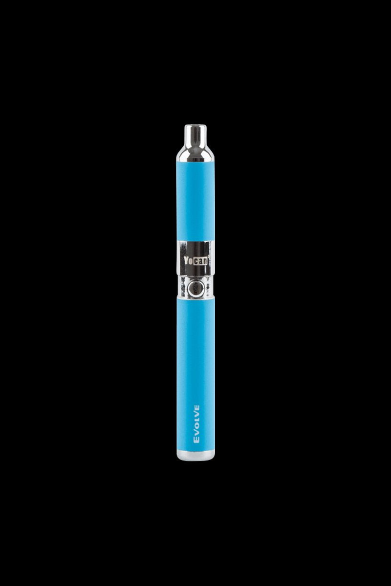 Centered front view of the blue Yocan Evolve Vaporizer against a solid black background, showing its chrome mouthpiece and button.