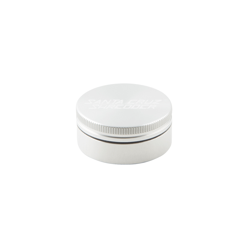 Top-down view of a white Santa Cruz Shredder 2-Piece Grinder with subtle embossed logo and knurled edge against a white background