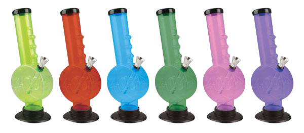 Front view of the 420 Disc Acrylic Water Pipe, showing a clear acrylic pipe with a rounded base on a black surface.