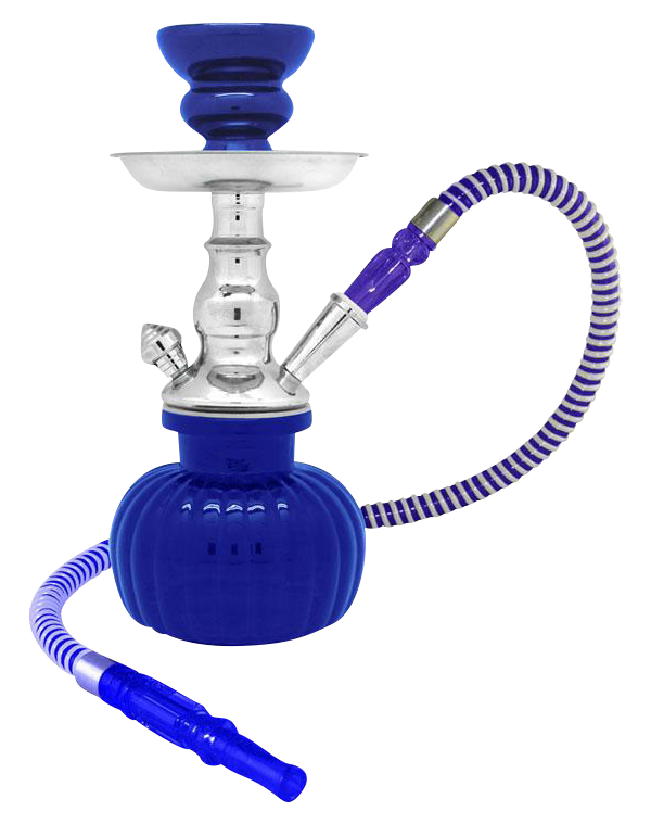 A front view of the Petite 1-Hose Premium Hookah, featuring a blue base and silver accents, with a coiled hose extending from the side.