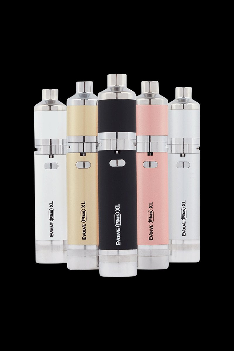 Centered front view of five Yocan Evolve Plus XL vaporizers in black, gold, pink and white lined up against a black background