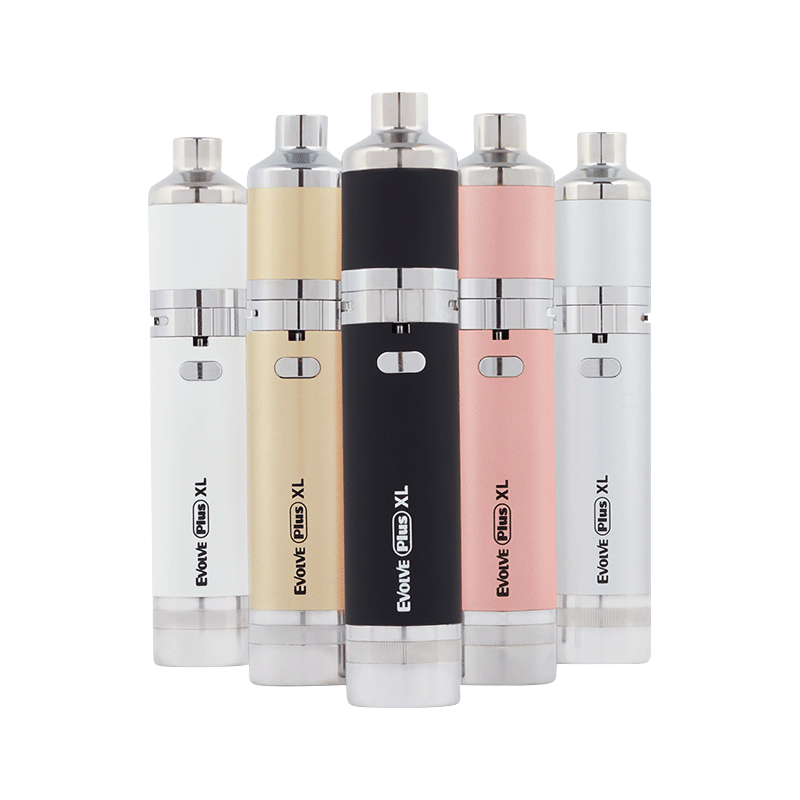 Front-facing lineup of five Yocan Evolve Plus XL vaporizers in white, gold, black, pink, and silver against a white background.