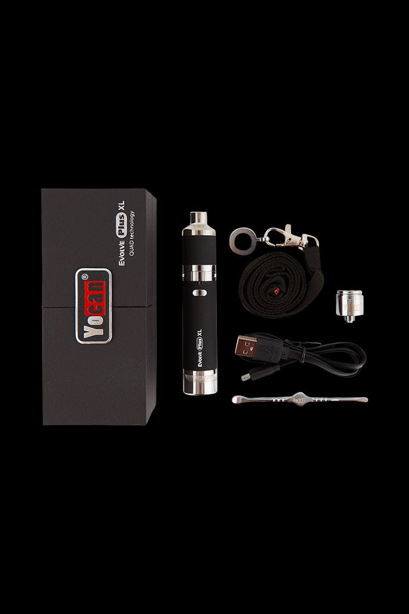 Top-down view of the Yocan Evolve Plus XL Vaporizer kit neatly arranged on black background with device, box, USB cable, coil and accessories.