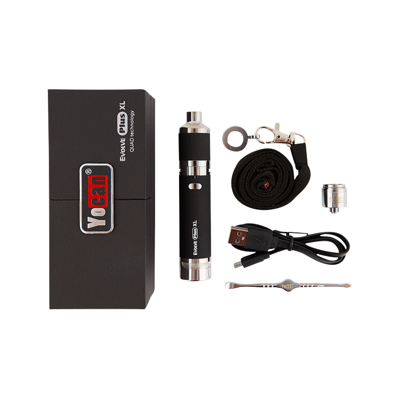 Top-down product layout showing the Yocan Evolve Plus XL Vaporizer in black with its box, USB cable, lanyard, coil and small metal tool arranged on a white background.